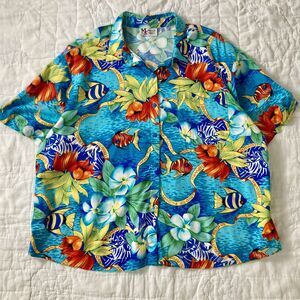 VTG Hawaiian Tropical Women 3XL Floral Short Sleeve Button Up Shirt Plus Size